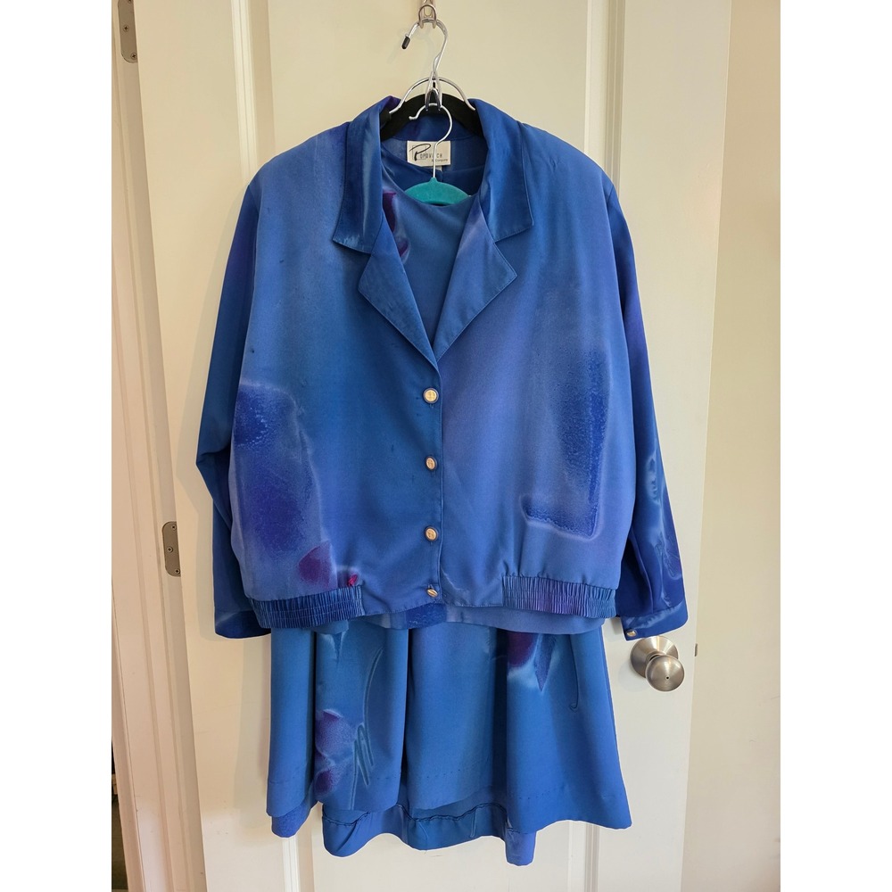 Vintage 80s Art Peter Popovich 3 Piece Skirt Set Blue Watercolor Made in USA